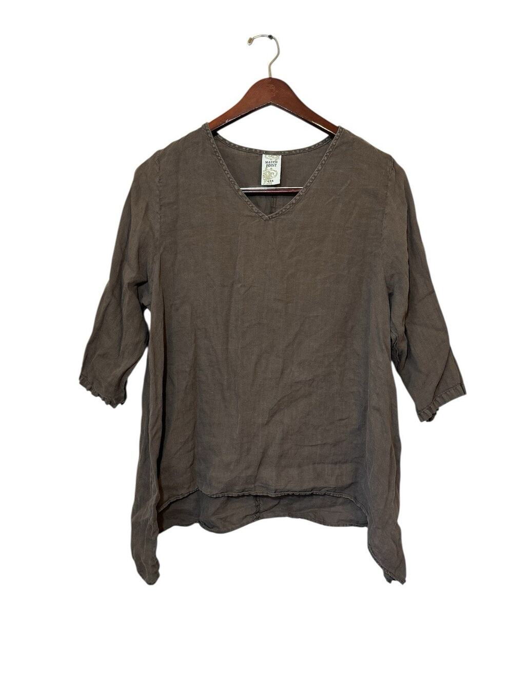 Match Point Womans Blouse Top Solid Brown Linen Pullover V Neck 3/4 Sleeve